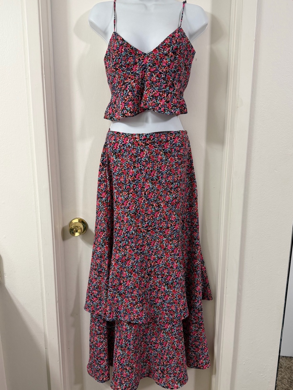 AFRM Retro Pink Floral Multi Tiered Maxi Skirt Set with matching Peplum tank